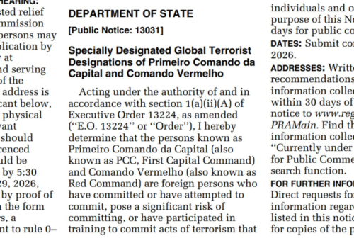 Governo Trump cita para classificação 'risco significativo' do PCC e CV cometerem atos de terroristas