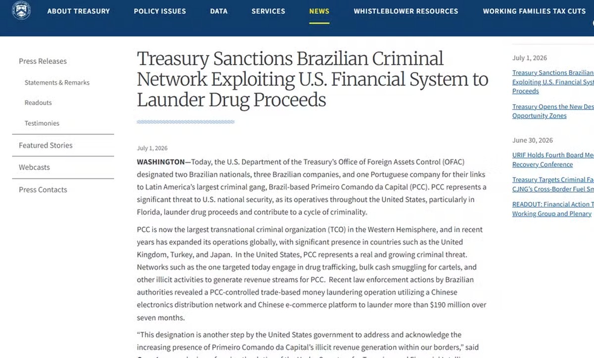 Promotor que investiga PCC diz que não há indícios de relação dos sancionados pelos EUA com facção