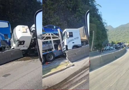 Engavetamento com 10 veículos deixa dois mortos e interdita BR-277 no Paraná
